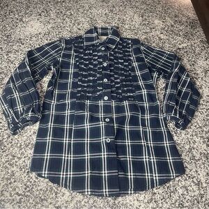 Bell by Alicia Bell navy plaid button down ruffle chest women’s size 6 3/4 sleev
